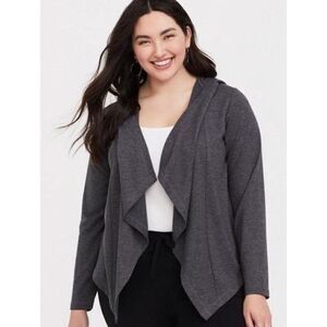 TORRID Charcoal Gray Plus Sz 18/20 Drape Front Stretchy Open Hooded Sweater NEW